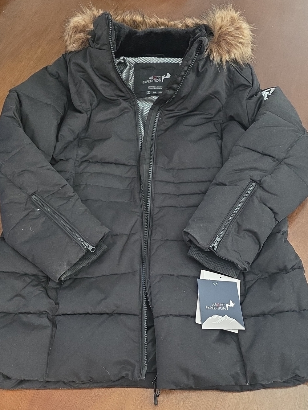 Arctic Expedition Hybradown Coat Removable Faux Fur Hood Black L NEW